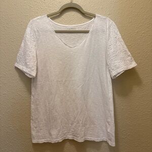 Talbots White Embroidered Lace Short Sleeve V-Neck 100% Cotton Knit Shirt Top M